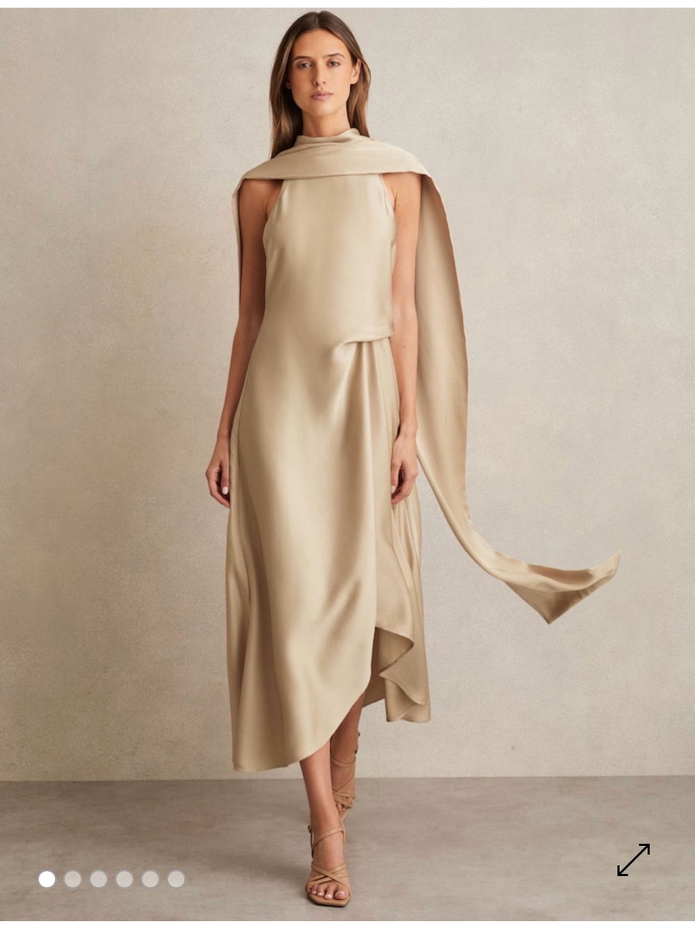 NWT - Reiss Beige Satin Midi Dress with Draped Scarf Detail